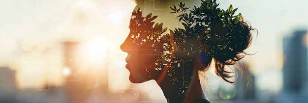 Photo conceptual double exposure portrait of woman merging with nature