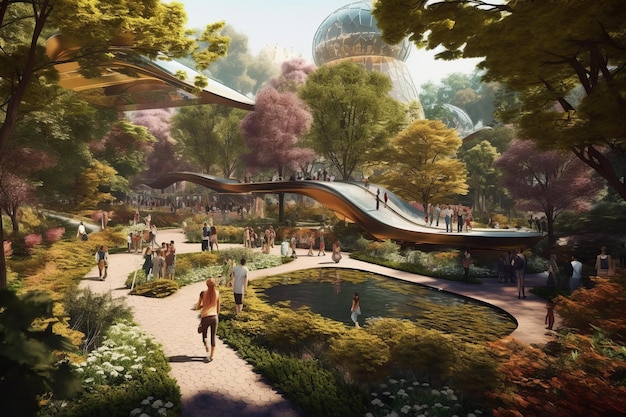 Photo conceptual of eco public park with clean energy in the future created with generative ai technology