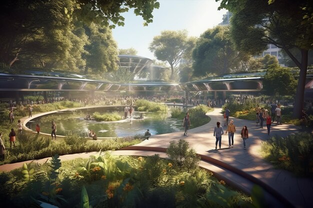 Foto concettuale di un parco pubblico ecologico con energia pulita in futuro creato con la tecnologia generative ai