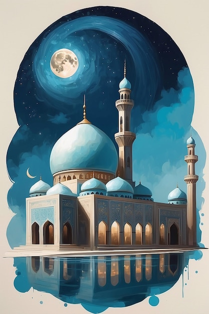 Foto un dipinto concettuale di eid di una moschea con una luna