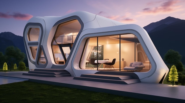 Conceptual futuristic modular house of the future The project uses printing The frame is made of environmental