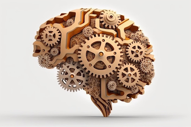 Концептуальная идея мозга с фоном винтиков Сгенерированный ИИ