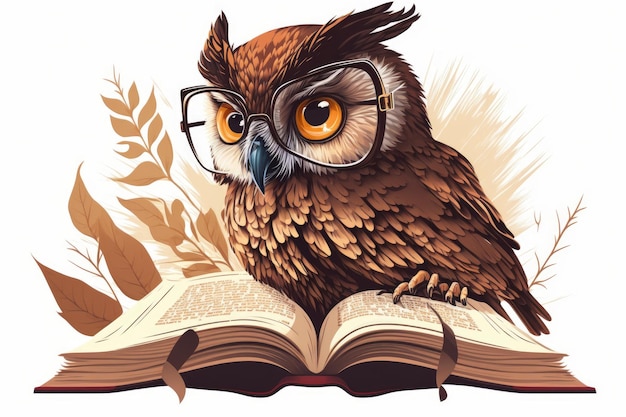 Концептуальная иллюстрация совы, которая носит очки и читает книгу