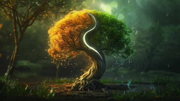 균형의 상징 인  양과 북유럽 신화에서 생명의 나무 인 Yggdrasil을 혼합 한 개념적 일러스트레이션 이 독특한 융합은 균형 인공지능의 보편적인 주제를 상징합니다.