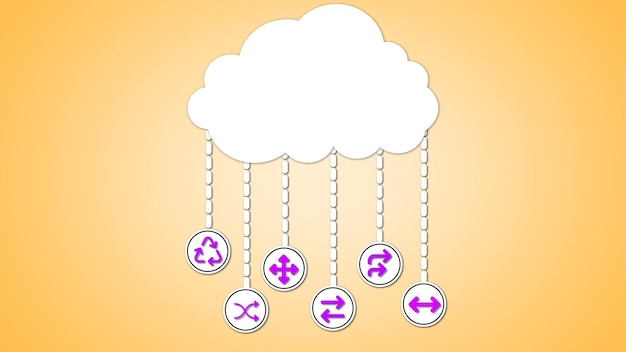 Conceptual illustration of a cloud with hanging icons representing cloud computing and data sharing