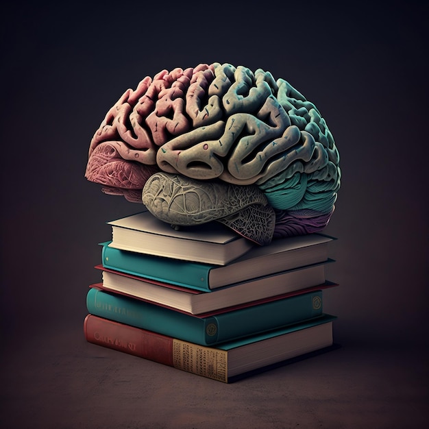 Conceptual illustration of the connection between human knowledge and philosophy represented by the human brain and books Generative Ai