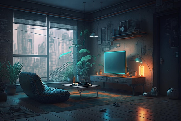 Conceptual illustration of a cyberpunk styled apartments living room