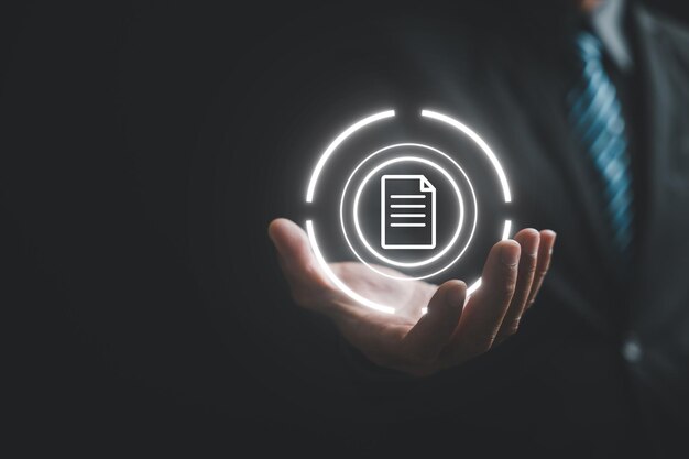 Conceptual illustration of a Document Management System DMS with a virtual screen and file icon Streamline information management and archive efficiently with ERP Corporate technology at its best