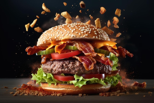 Conceptual illustration of an exploding delicious burger with yummy components