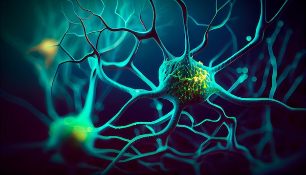 Conceptual illustration of neuron cells with glowing link knots Blue green Neurons in brain on with focus effect Synapse and Neuron cells sending electrical chemical signals Generative AI