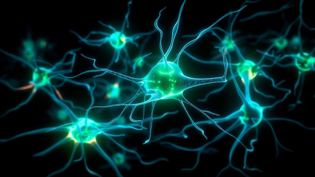 Концептуальная иллюстрация нейронных клеток со светящимися узлами связи Сине-зеленые нейроны в мозге с эффектом фокусировки Синапс и нейронные клетки, посылающие электрические химические сигналы Генеративный ИИ