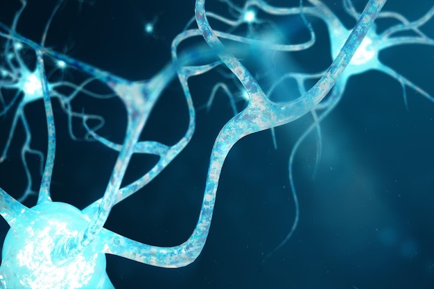 Концептуальная иллюстрация нейронных клеток со светящимися узлами связи. Нейроны в мозгу с эффектом фокусировки. Клетки синапсов и нейронов посылают электрические химические сигналы. 3д иллюстрация