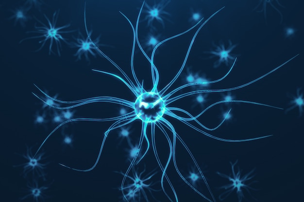 Conceptual illustration of neuron cells with glowing link knots. Synapse and Neuron cells sending electrical chemical signals. Neuron of Interconnected neurons with electrical pulses, 3D rendering