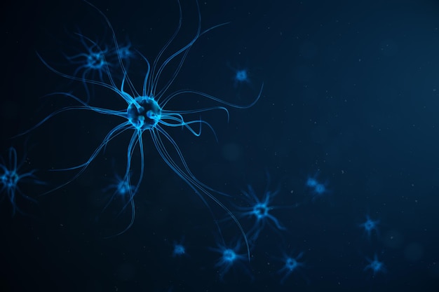 Illustrazione concettuale delle cellule neuronali con nodi di collegamento. sinapsi e cellule neuronali che inviano segnali chimici elettrici. neurone di neuroni interconnessi con impulsi elettrici. illustrazione 3d