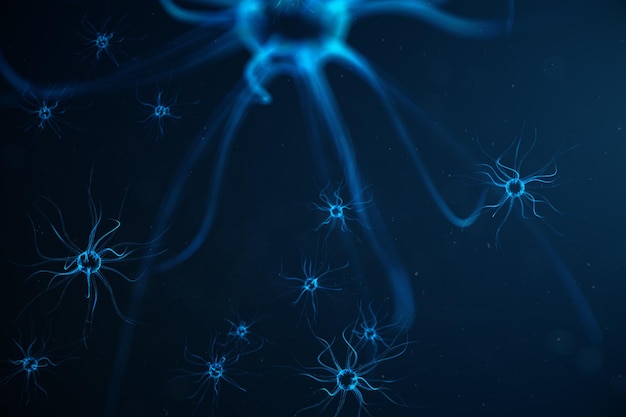 Концептуальная иллюстрация нейронных клеток с узлами связи. Синапс и нейронные клетки посылают электрические химические сигналы. Нейрон взаимосвязанных нейронов с электрическими импульсами. 3D иллюстрация