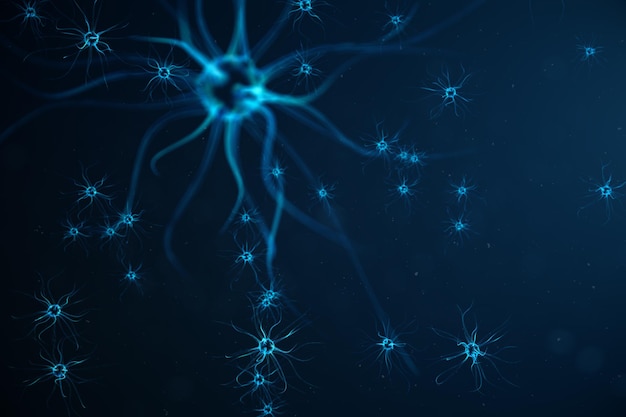 Conceptual illustration of neuron cells with link knots. Synapse and neuron cells sending electrical chemical signals. Neuron of Interconnected neurons with electrical pulses. 3D illustration