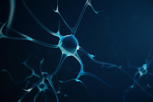 연결 매듭이 있는 신경 세포의 개념적 그림입니다. 전기 화학 신호를 보내는 시냅스와 신경 세포. 전기 펄스가 있는 상호 연결된 뉴런의 뉴런. 3D 일러스트레이션