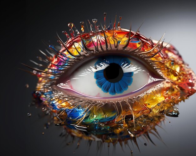 사진 다채로운 홍채를 가진 인간의 눈의 개념적 일러스트레이션 3d 렌더링 인공지능으로 만들어졌습니다.