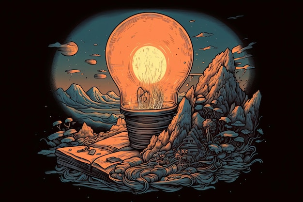 Conceptual illustration of a opened book with a lighbulb and the nature sundround Generative AI