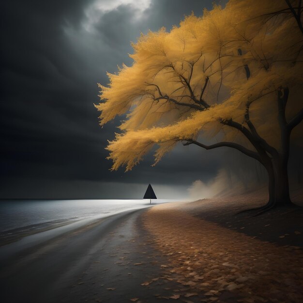 Conceptual image of autumn landscape with a road leading to the horizon generative ai