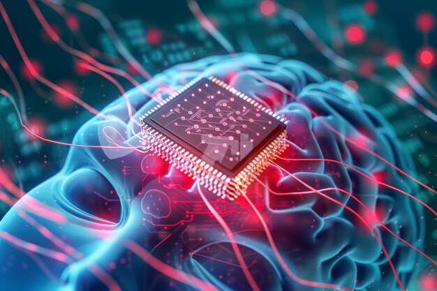 Foto immagine concettuale di un cervello con un chip di circuito che simboleggia l'integrazione dell'ia