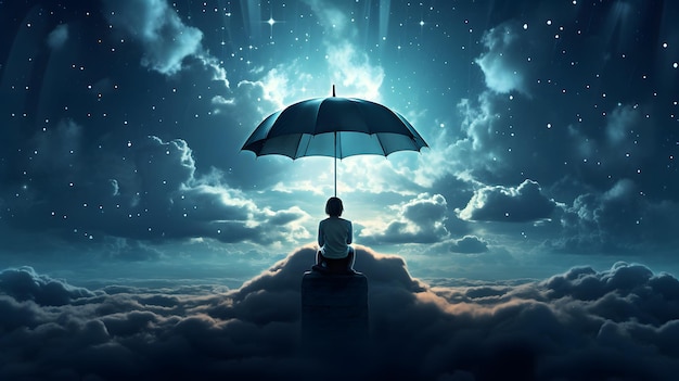 Conceptual image of businessman with umbrella sitting on top of cloud