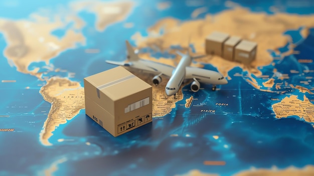 Photo conceptual image of a cargo plane flying over a world map with boxes