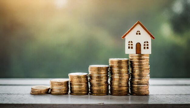 Conceptual image Coins forming a ladder with a house atop symbolizing savings and progression towar