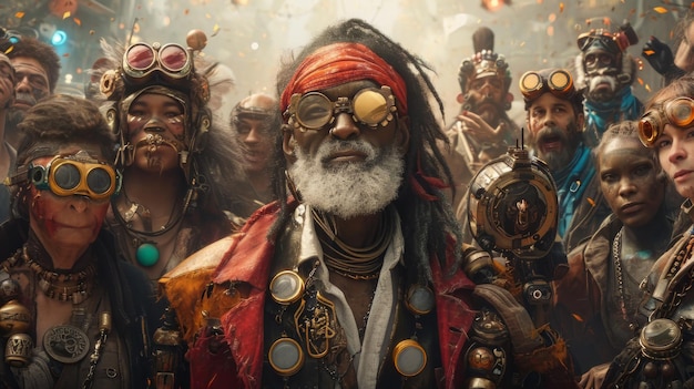 Conceptual image of a diverse group of postapocalyptic individuals of varying ages all dressed in steampunk style celebrating togethe Generative AI