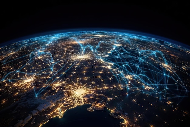 Foto immagine concettuale della terra dallo spazio linee di connessione big data internet vpn