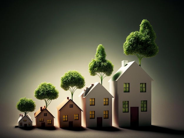 Conceptual image of eco friendly houses with trees growing around them. Generative AI