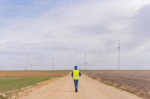 Conceptual image of the effect of pollution and the effects of\
renewable energy necessity and solution of future renewable\
energies in climate change unrecognizable person in a wind\
farm