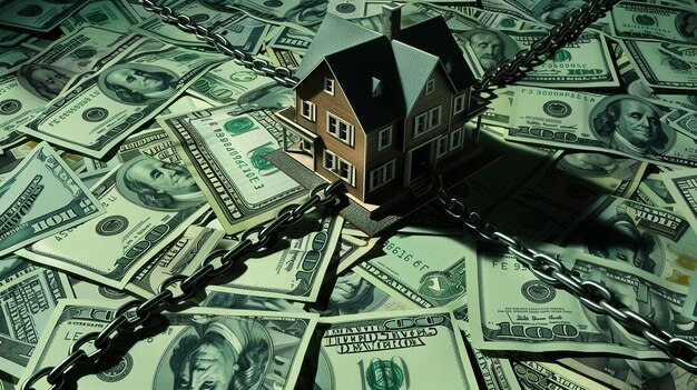 A conceptual image featuring a model house wrapped in chains over a bed of US dollar bills symboliz