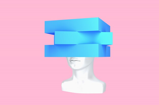 Conceptual image of a female head with a cube instead of a hairstyle 3d illustration