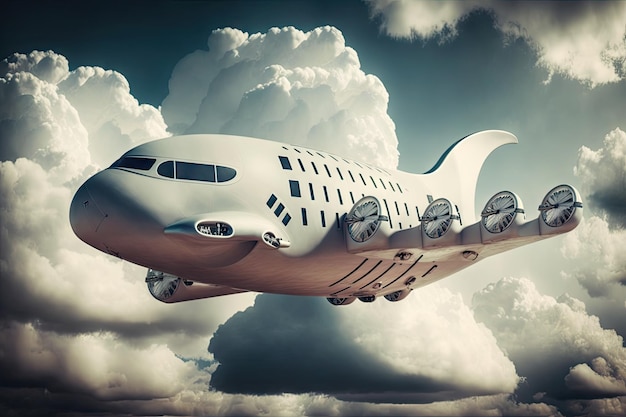 Conceptual image of futuristic cargo plane of future flying on cloud background created with generat