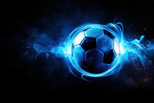 Conceptual image of a glowing blue soccer or football champion on a dark background with copy space