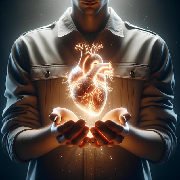 Conceptual image of a glowing heart cradled in hands