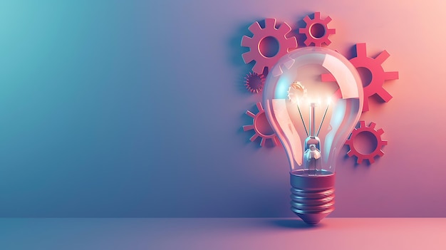 Conceptual image of a glowing light bulb with gears The light bulb is placed in front of a blue background with a pink gradient