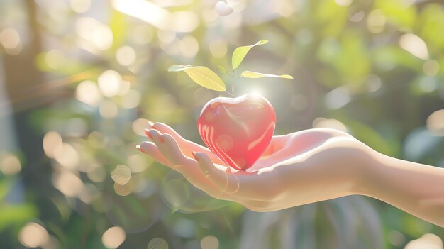 Концептуальное изображение руки, держащей красное сердце с небольшим растением, растущим из него