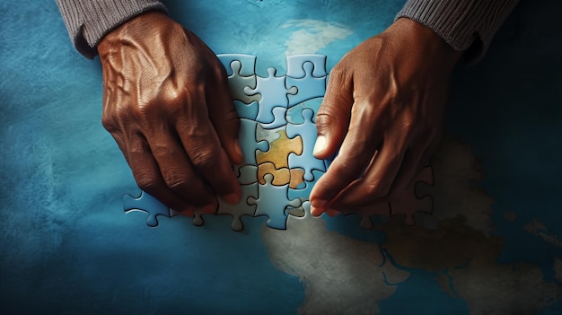 Conceptual image of hands building a world puzzle