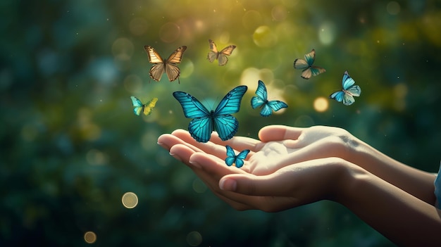 Conceptual image of hands releasing butterflies symbolizing the transformation