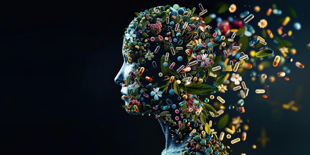 Conceptual image of a head profile with pills and herbs representing biohacking and health