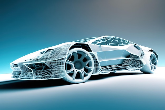 Conceptual image of a high tech future looking sports automobile at a wireframe crossroads