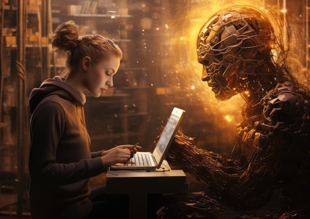 A conceptual image of a human and AI collaborating on a literary project with the seamless flow of