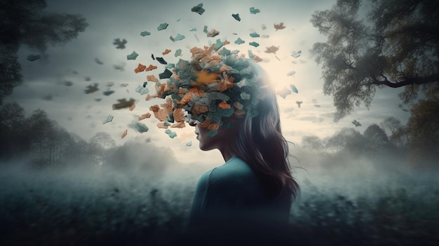Conceptual image of a human head with colorful brain and autumn leaves mental health concept