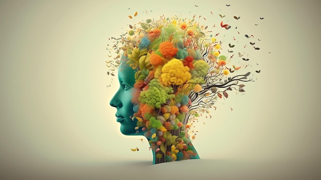 Conceptual image of a human head with colorful brain and autumn leaves mental health concept