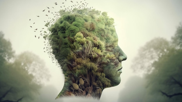 Conceptual image of a human head with colorful brain and autumn leaves mental health concept