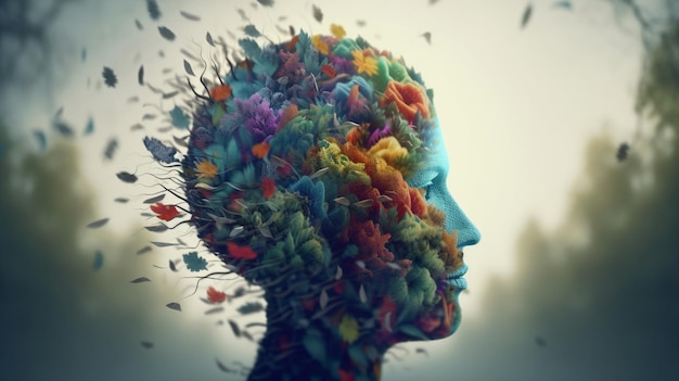 Conceptual image of a human head with colorful brain and autumn leaves mental health concept