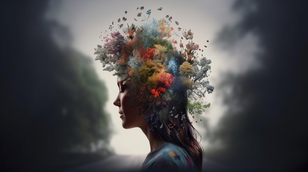 Conceptual image of a human head with colorful brain and autumn leaves mental health concept