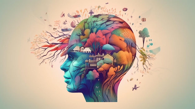 Conceptual image of a human head with colorful brain and autumn leaves mental health concept